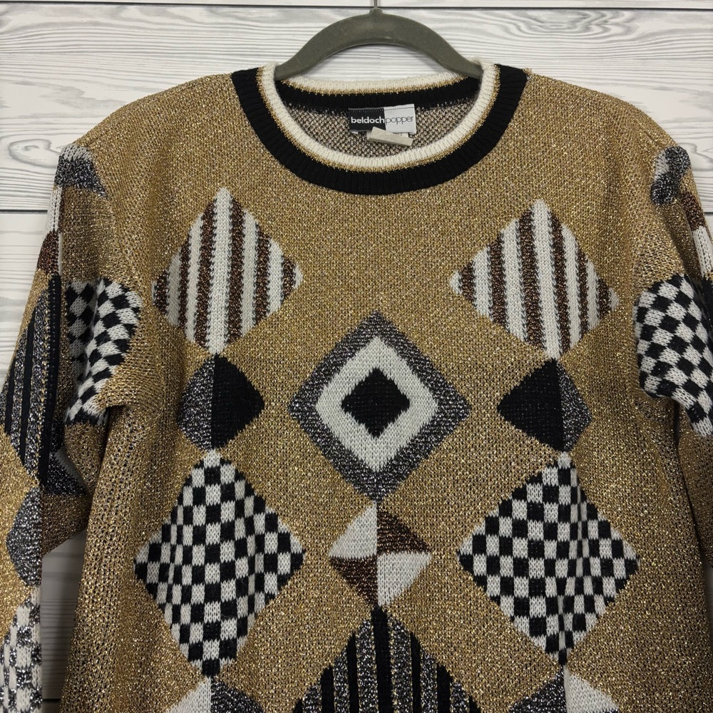 Vintage 90’s Beldoch Popper Geometric Print Gold Acrylic Sweater Size Medium - Picture 4 of 10